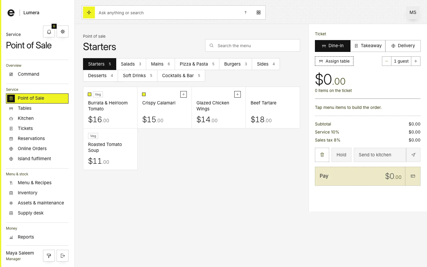 The Point of Sale screen of the live demo with a menu search, an order being built and modifier choices.