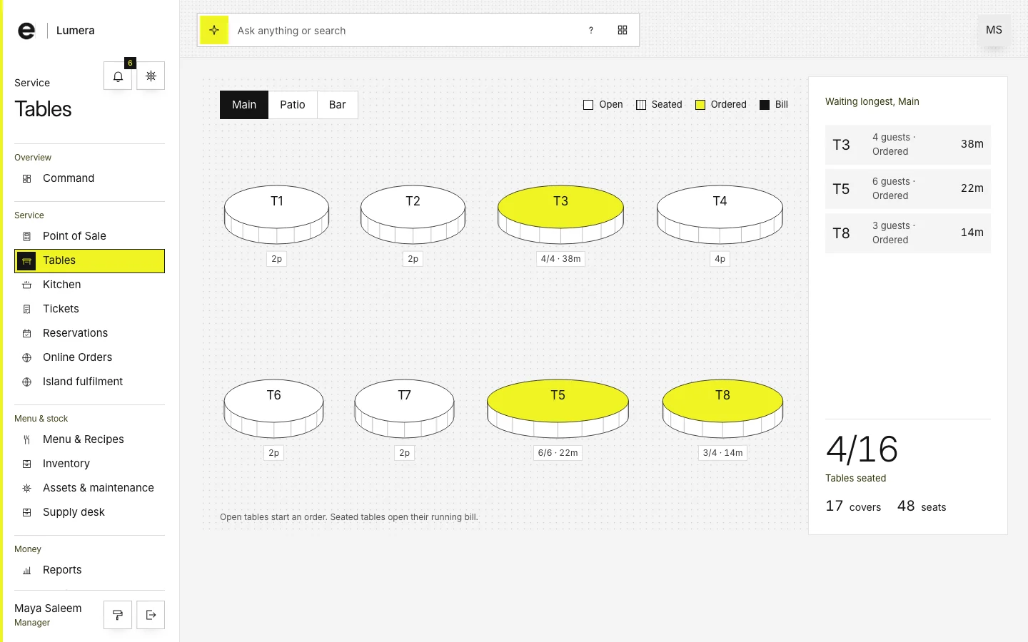 The Restaurant Tables screen of the live demo: the floor across three zones with each table’s state and running total.
